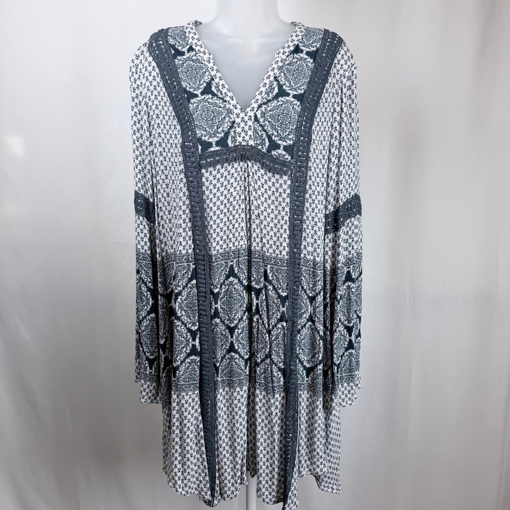 Knox Rose Gray Floral Rayon Tunic Dress XXL Bell Sleeve Crochet Boho Festival